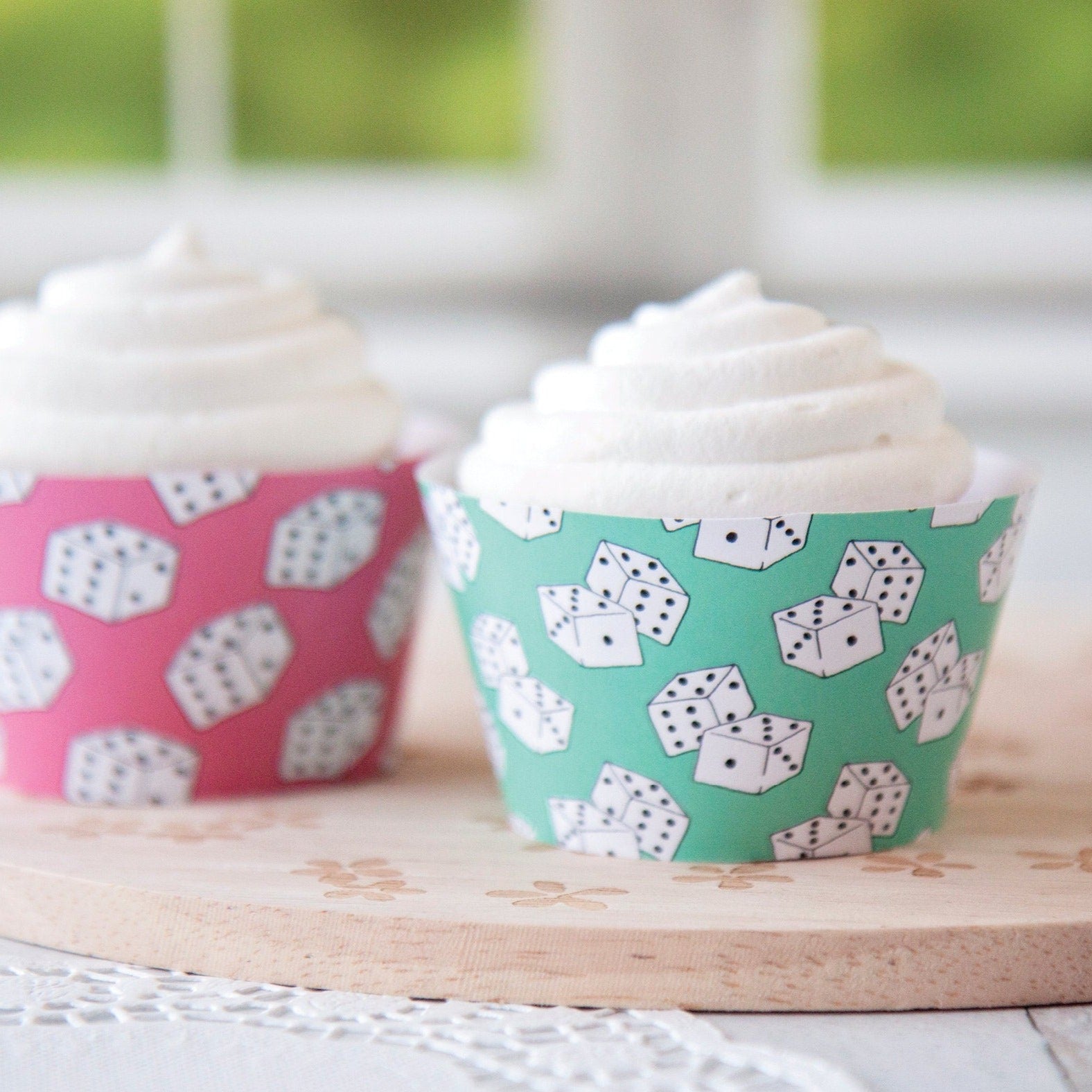 Game Dice Cupcake Wrapper Duo - PRINTABLE instant download PDF. Pink mint green with black & white dice. Bunco night dessert for game fans.
