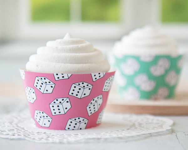 Game Dice Cupcake Wrapper Duo - PRINTABLE instant download PDF. Pink mint green with black & white dice. Bunco night dessert for game fans.