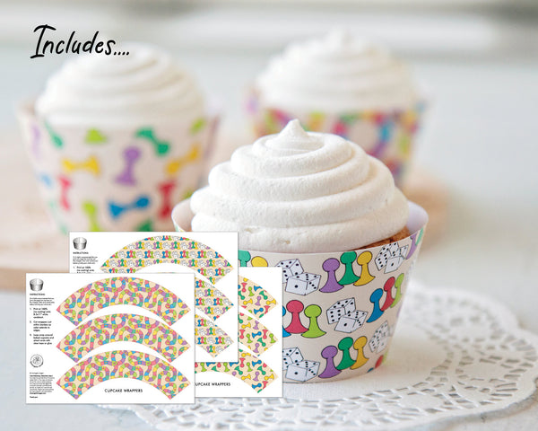 BUNDLE Board Game Cupcake Wrappers - PRINTABLE instant download PDF. Colorful game elements: markers, dice, path/trails for game day treats.