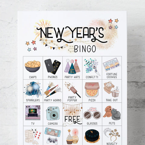 New Year's Kid/Teen-Friendly Bingo Cards - 50 PRINTABLE cards for instant download. No alcohol/champagne references. NYE staying in at home.