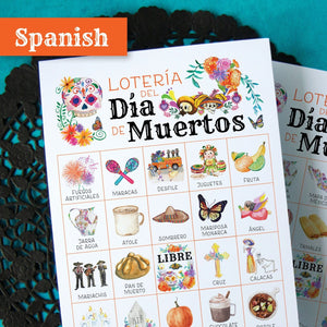 Lotería del Día de Muertos - 50 PRINTABLE bingo cards w/color pictures, caption/title below each item. Day of the Dead game activity idea.