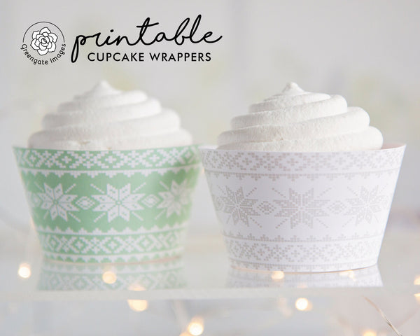 Knit Scandi Cupcake Wrappers - PRINTABLE digital download. Cute unisex baby shower ideas, winter decor, sweater style mint, white, and gray.