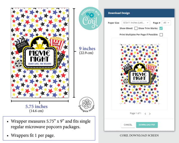 Movie Night Popcorn Wrapper - PRINTABLE microwave popcorn wrapper that you can customize in Corjl. Use your browser to personalize/download.