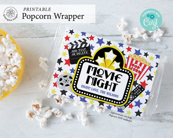 Movie Night Popcorn Wrapper - PRINTABLE microwave popcorn wrapper that you can customize in Corjl. Use your browser to personalize/download.