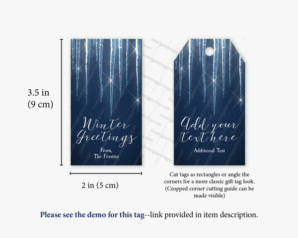 Icicle Gift Tags - PRINTABLE template that you edit on the Corjl website. Simple, navy blue bag tag. Winter ice snow wedding favor ideas.