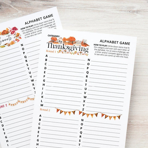Thanksgiving Alphabet Game 4-Pack - PRINTABLE downloadable activity. Cute, fun word games for guests, adults & older kids. Colorful artwork.