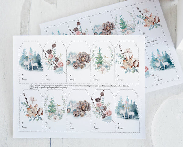 Pretty Christmas Gift Tag Set - PRINTABLE 2x3.5" tags with to and from to write in names. Instant digital download, winter pastel design.