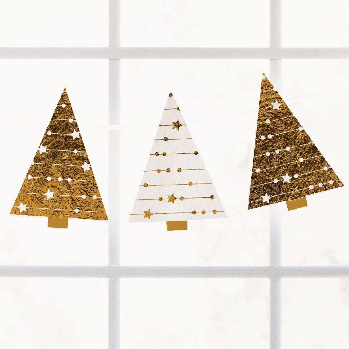 Gold Christmas Tree Garland - PRINTABLE banner, instant download PDF. Minimalist modern, abstract, stars design. Cute for seasonal mantel.