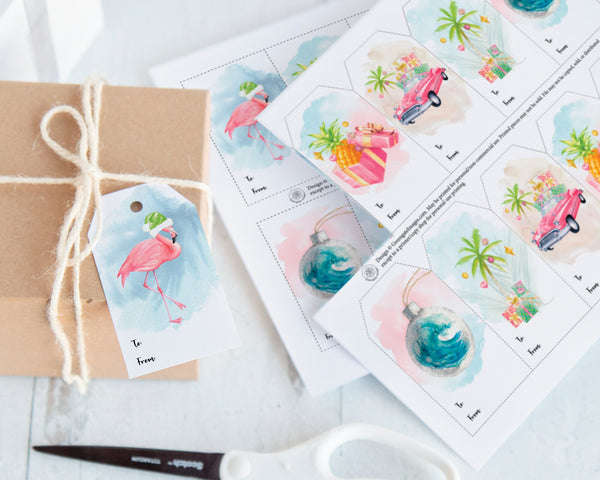 Tropical Christmas Gift Tag Set - PRINTABLE 2x3.5" tags PDF page. To & from space included. Instant digital download, fun, beachy, hawaiian.