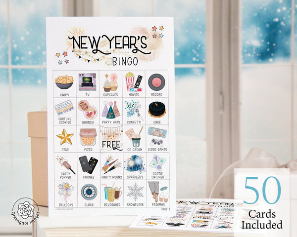 New Year's Kid/Teen-Friendly Bingo Cards - 50 PRINTABLE cards for instant download. No alcohol/champagne references. NYE staying in at home.