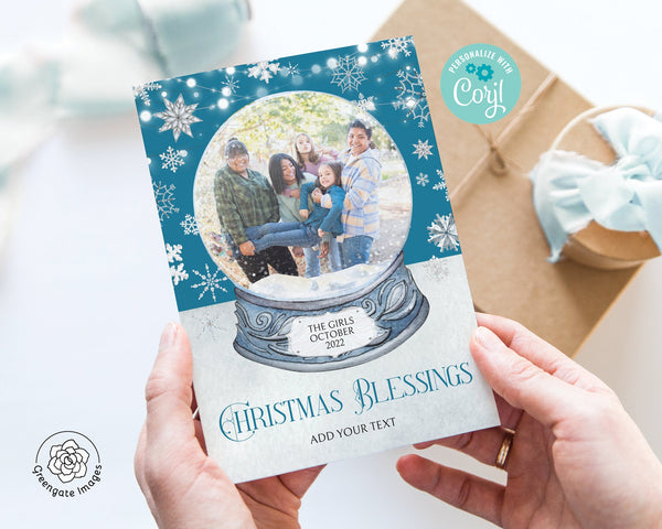 5x7 Snow Globe Photo Card - PRINTABLE Christmas/Winter Holiday Card. Corjl template that you can edit in your browser. Cute and unique.