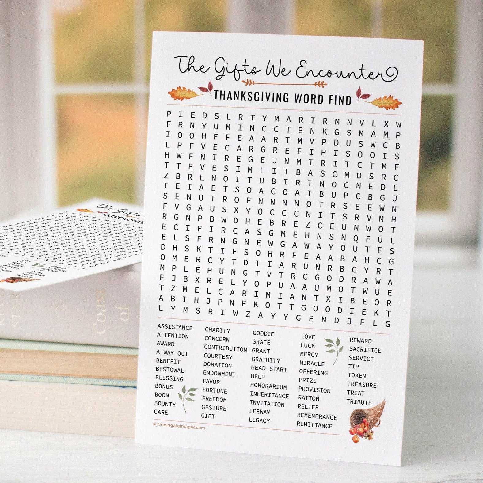 Thanksgiving Word Find - PRINTABLE downloadable activity. Word search for guests, adults & older kids. Synonyms for gifts and blessings.