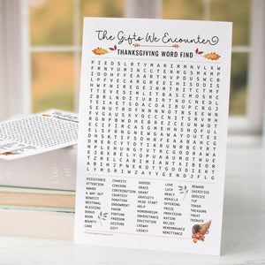 Thanksgiving Word Find - PRINTABLE downloadable activity. Word search for guests, adults & older kids. Synonyms for gifts and blessings.