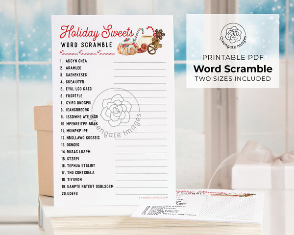 Holiday Sweets Word Scramble - PRINTABLE downloadable activity. Word game guests, adults & older kids. Large print, color or black/white.