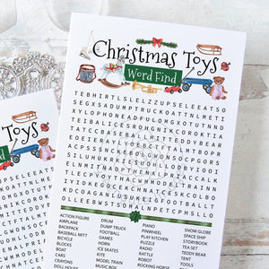 Christmas Toys Word Find - PRINTABLE downloadable activity. Word search for guests, adults & older kids. Cute classic vintage toys artwork.