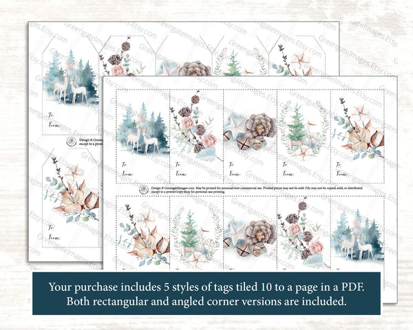 Pretty Christmas Gift Tag Set - PRINTABLE 2x3.5" tags with to and from to write in names. Instant digital download, winter pastel design.