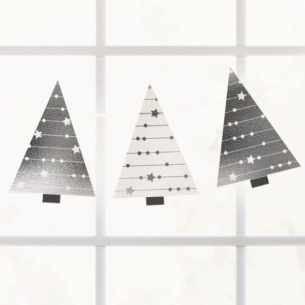 Silver Christmas Tree Garland - PRINTABLE banner, instant download PDF. Minimalist modern, abstract, stars design. Cute for seasonal mantel.