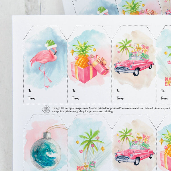 Tropical Christmas Gift Tag Set - PRINTABLE 2x3.5" tags PDF page. To & from space included. Instant digital download, fun, beachy, hawaiian.