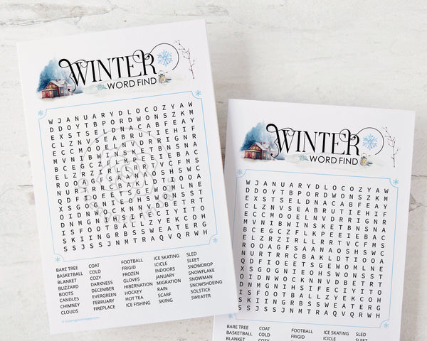 Winter Word Find - PRINTABLE downloadable activity. Cold weather word search for seniors, guests, adults & older kids. Holiday office party.