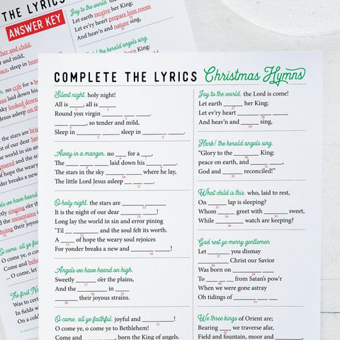 Complete the Lyrics Christmas Hymn Activity - PRINTABLE downloadable PDF. Fun for guests, adults & older kids. Caroling Bible study party.