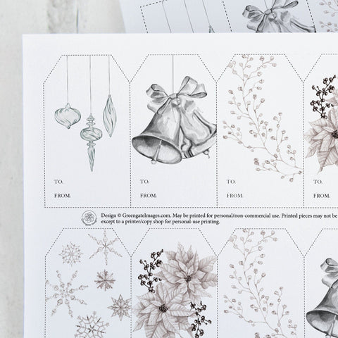 Crystal Silver Christmas Gift Tag Set - PRINTABLE 2x3.5" tags PDF page. To & from space included. Instant digital download, black and white.
