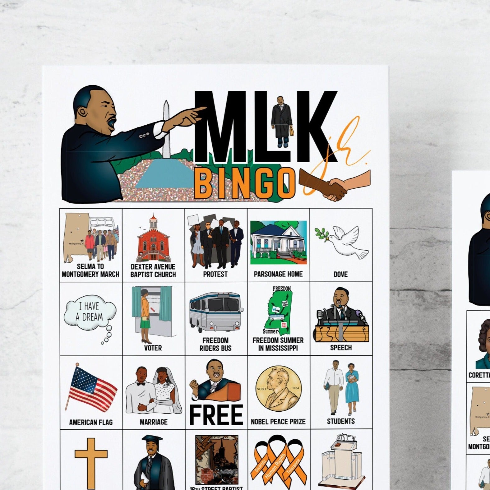 MLK Bingo - 50 PRINTABLE unique cards. Instant digital download PDF. Martin Luther King Jr. Day activity idea. Educational and fun for kids.