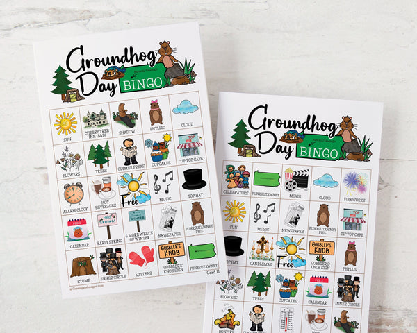 Groundhog Day Bingo - 50 PRINTABLE unique cards. Instant digital download PDF. Pictures represent Punxsutawney, holiday history, and movie.