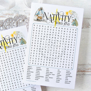 Nativity Word Find - PRINTABLE downloadable activity. Christmas word search for guests, adults & older kids. Caroling Bible study party.