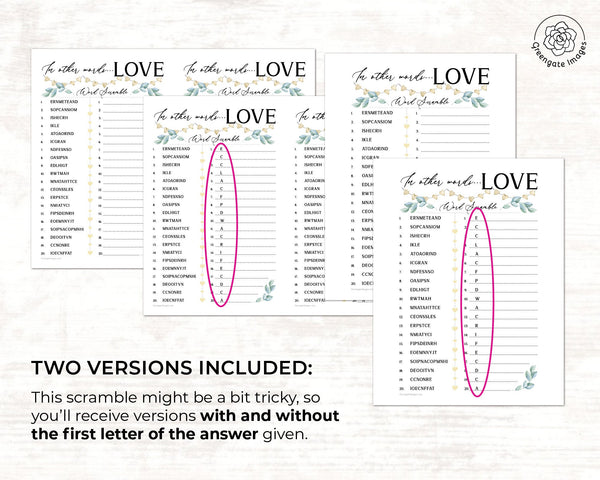 Love Word Scramble - PRINTABLE downloadable activity. Word game guests, adults & older kids. Large print bridal shower/Valentine's Day game.