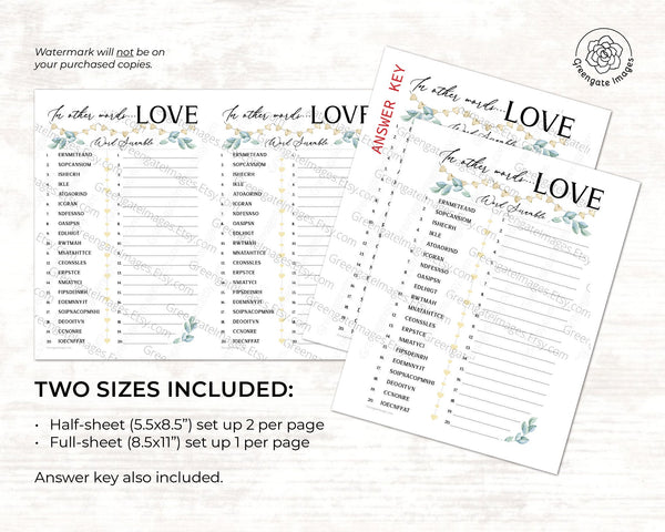 Love Word Scramble - PRINTABLE downloadable activity. Word game guests, adults & older kids. Large print bridal shower/Valentine's Day game.