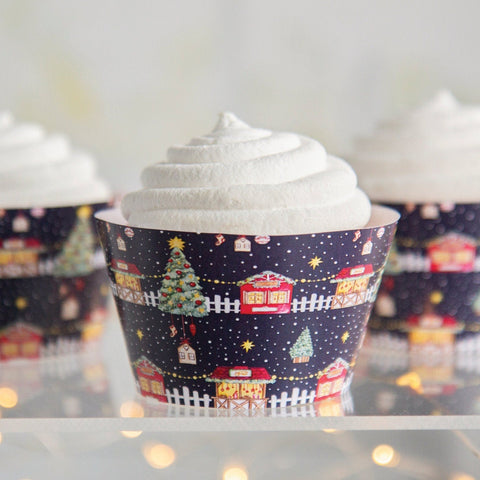 Christmas Market Cupcake Wrappers - PRINTABLE instant download PDF. Cute village scene with shops, trees, night sky. Craft show dessert.