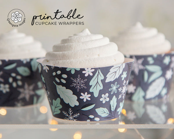 Winter Botanical Cupcake Wrappers - PRINTABLE instant download PDF. Steel slate blue with leaves, flowers, & snowflakes. Winter bridal idea.