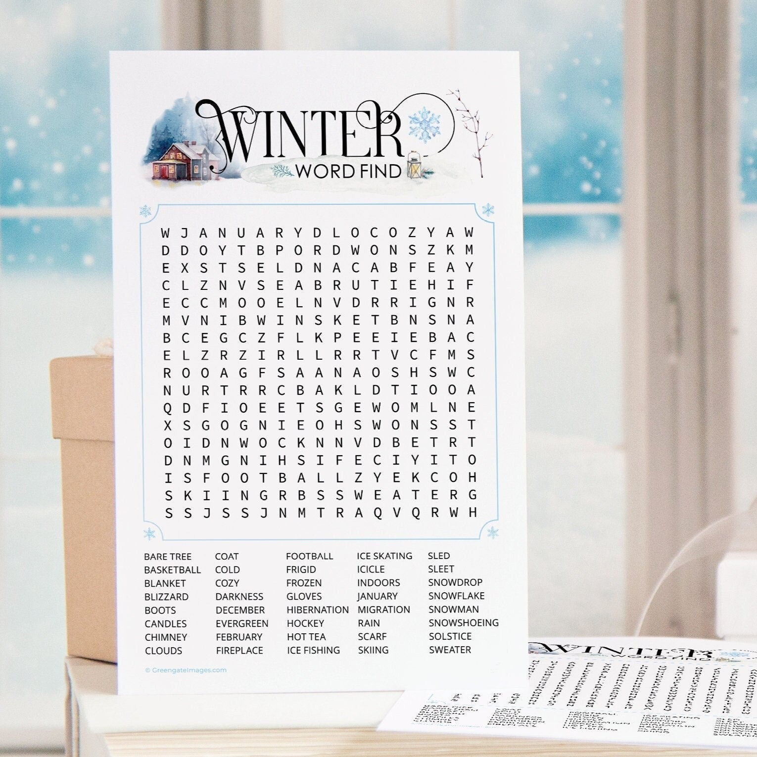 Winter Word Find - PRINTABLE downloadable activity. Cold weather word search for seniors, guests, adults & older kids. Holiday office party.