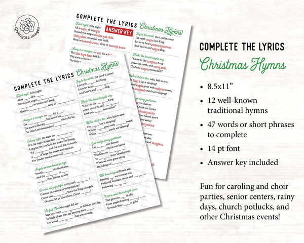 Complete the Lyrics Christmas Hymn Activity - PRINTABLE downloadable PDF. Fun for guests, adults & older kids. Caroling Bible study party.