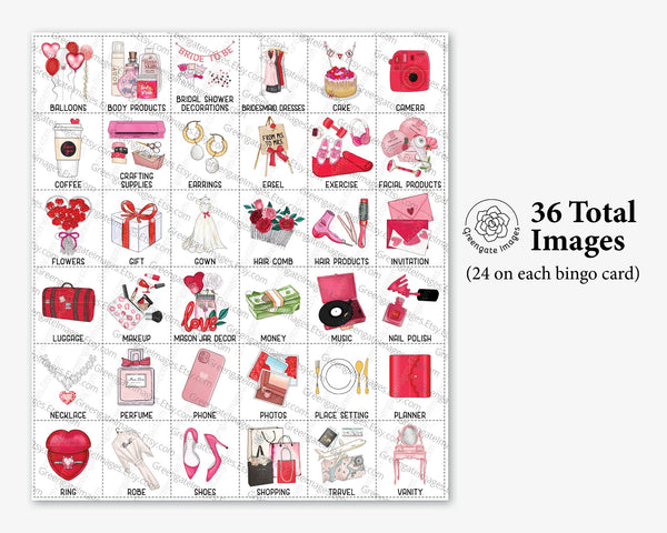 Valentine Bridal Bingo Cards: PRINTABLE set 50 unique cards as a PDF. Personalize the header and title text using Adobe Reader. Red roses.