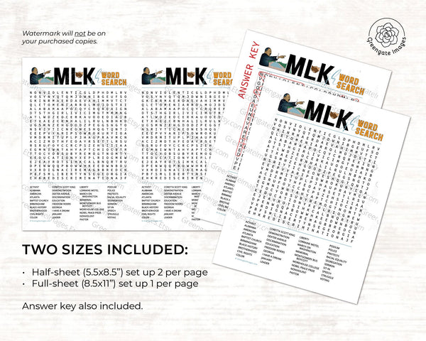 MLK Word Search - PRINTABLE downloadable activity. Martin Luther King, Jr. word find for older kids and adults. Classroom activity PDF.
