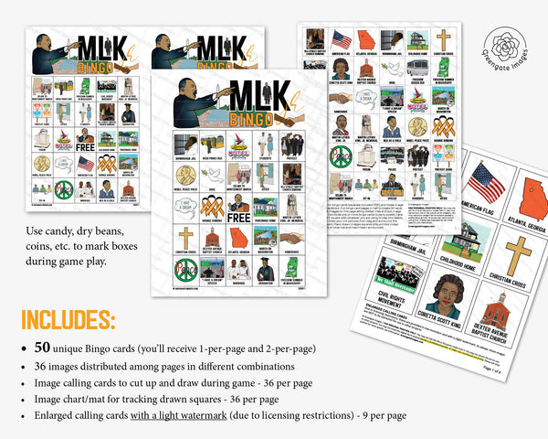 MLK Bingo - 50 PRINTABLE unique cards. Instant digital download PDF. Martin Luther King Jr. Day activity idea. Educational and fun for kids.
