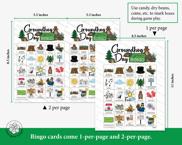 Groundhog Day Bingo - 50 PRINTABLE unique cards. Instant digital download PDF. Pictures represent Punxsutawney, holiday history, and movie.