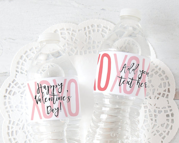 Valentine Water Bottle Label - printable, corjl editable, beverage wrap, valentine's day, galentine's day, pink xoxo, valentine treat ideas