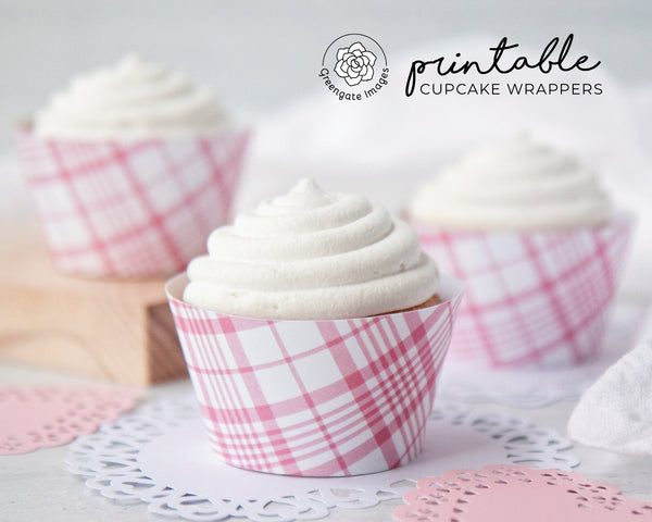 Pink Plaid Cupcake Wrappers - PRINTABLE instant download. Medium pink and white plaid design for girl baby shower, bridal & Valentine's Day.