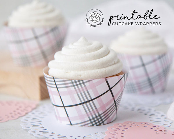 Pink-Gray-Black Plaid Cupcake Wrappers - PRINTABLE instant download. Feminine plaid design for girl baby shower, bridal & Valentine's Day.