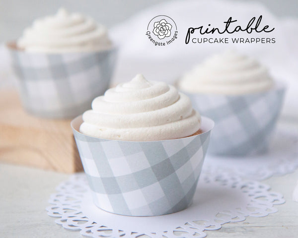 Light Gray Plaid Cupcake Wrappers - PRINTABLE instant download. Soft gray plaid design for casual, country, farm-themed treats. Baby shower.