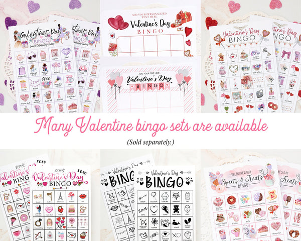 Valentine's Day Romance Bingo - 50 PRINTABLE unique cards. Instant digital download PDF. Pictures represent romantic elements & activities.