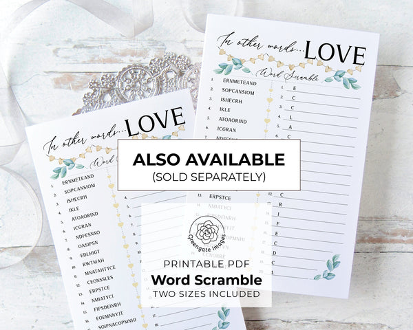 Valentine's Word Scramble Game - PRINTABLE downloadable activity. Word game guests, adult & older kids. Large print colorful senior retiree.