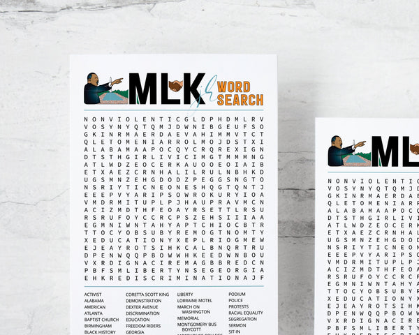 MLK Word Search - PRINTABLE downloadable activity. Martin Luther King, Jr. word find for older kids and adults. Classroom activity PDF.