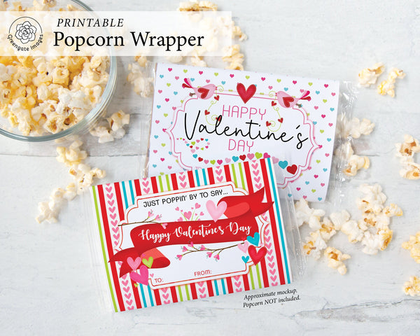 Valentine's Day Popcorn Wrapper - PRINTABLE microwave popcorn wrapper that is ready to download. Two styles with colorful hearts and birds.
