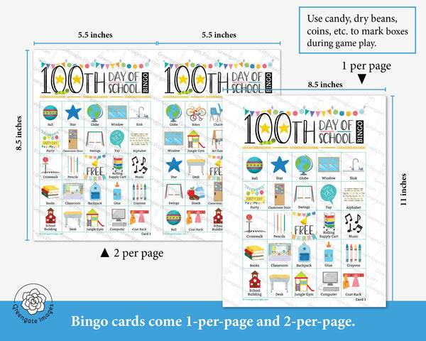 100th Day of School Bingo - 50 PRINTABLE unique cards. Instant digital download PDF. Celebrate 100 days of school with this fun activity!