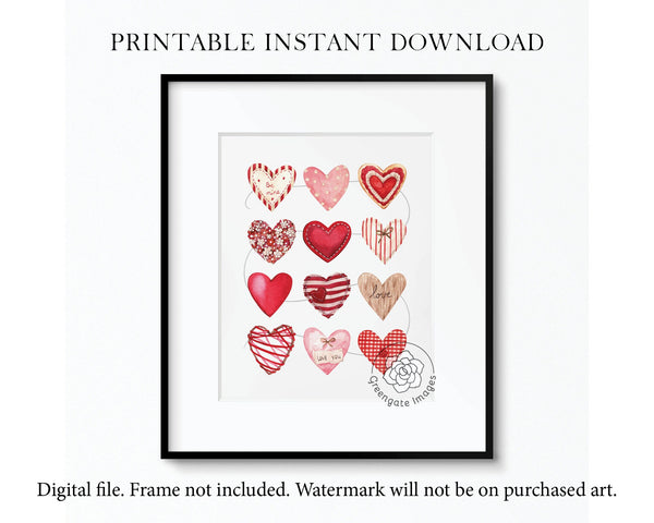 8x10" & 5x7" Valentine's Day Wall Art - PRINTABLE instant download. Vintage farmhouse style hearts on a string. Watercolor cute whimsical.