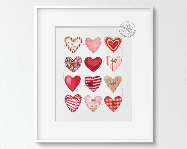 8x10" & 5x7" Valentine's Day Wall Art - PRINTABLE instant download. Vintage farmhouse style hearts on a string. Watercolor cute whimsical.