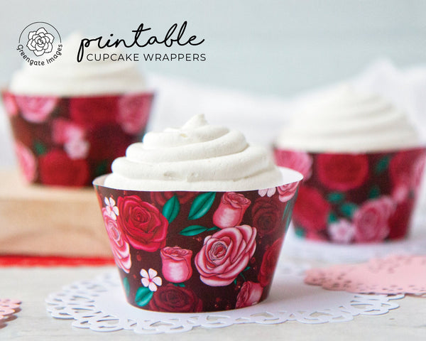 Valentine's Day/Roses Cupcake Wrappers - PRINTABLE instant download. Pretty sketched red & pink roses. Romantic design with flowers, leaves.